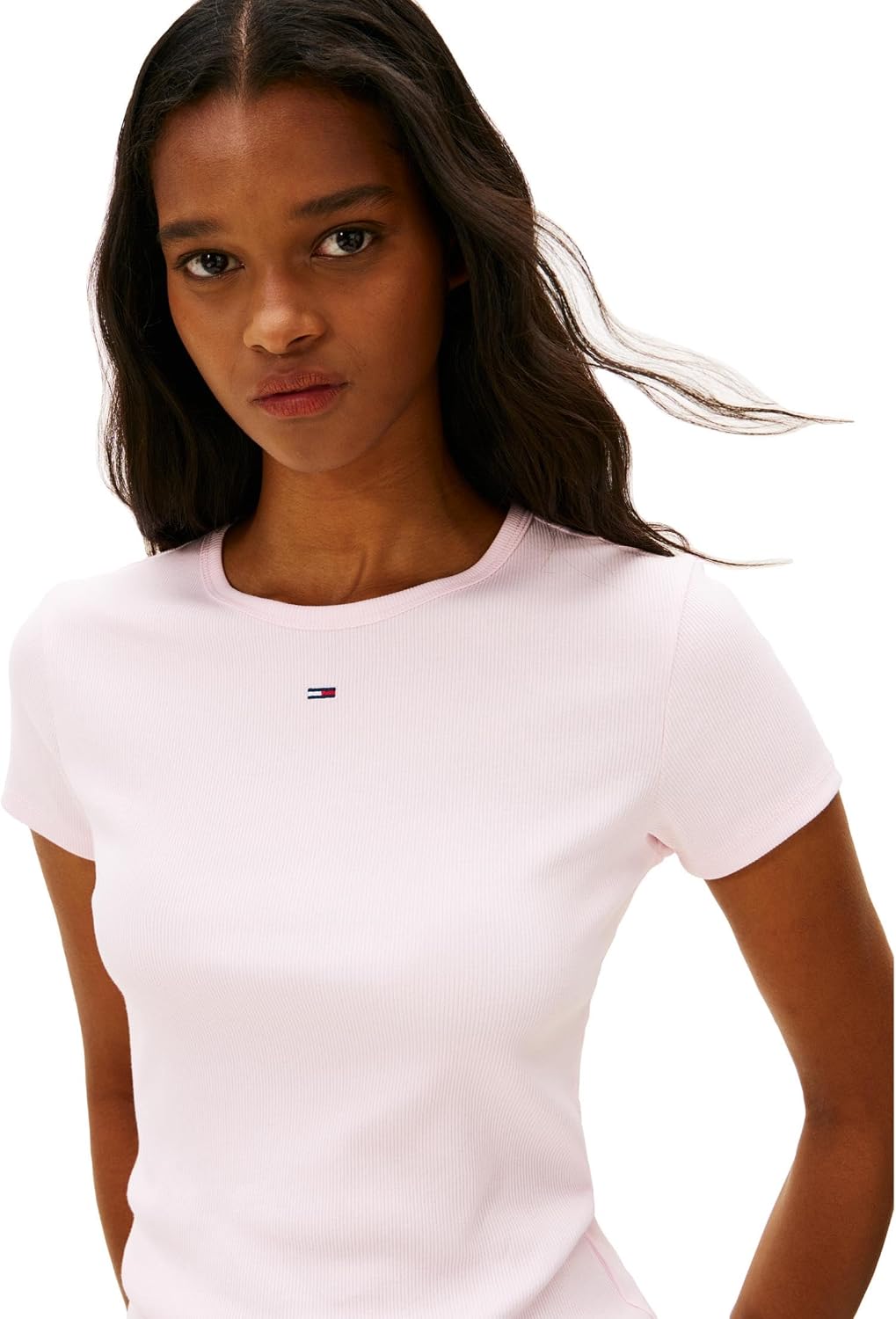 Tommy Jeans Women's Ribbed Graphic Tee with Embroidered Flag Detail