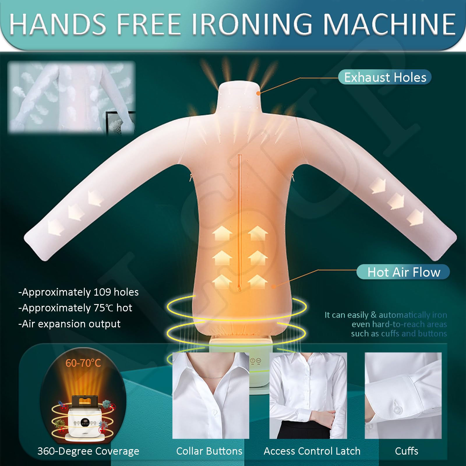 Automatisches Bügelgerät aufblasbar Hemdenbügler & Trockner, automatische Faltenentfernung, für Blusen T-Shirts Hosen Jeans Polos A