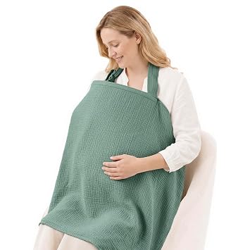 Blissful Diary Muslin Nursing Cover for Breastfeeding, Breathable Breastfeeding Cover up with Arch Neckline for Women, Nursing Apron Roman Green