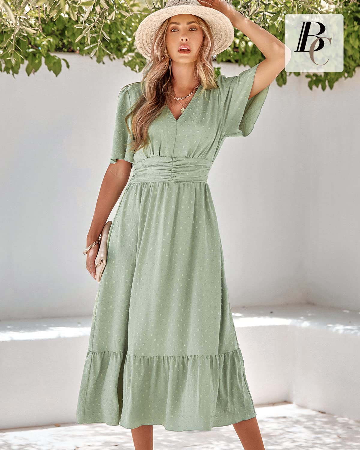 BebreezChic Vestido de verano largo para mujer, estilo bohemio, elegante, manga corta, cuello en V, cintura alta, con lunares suizos, con flores, vestido de playa