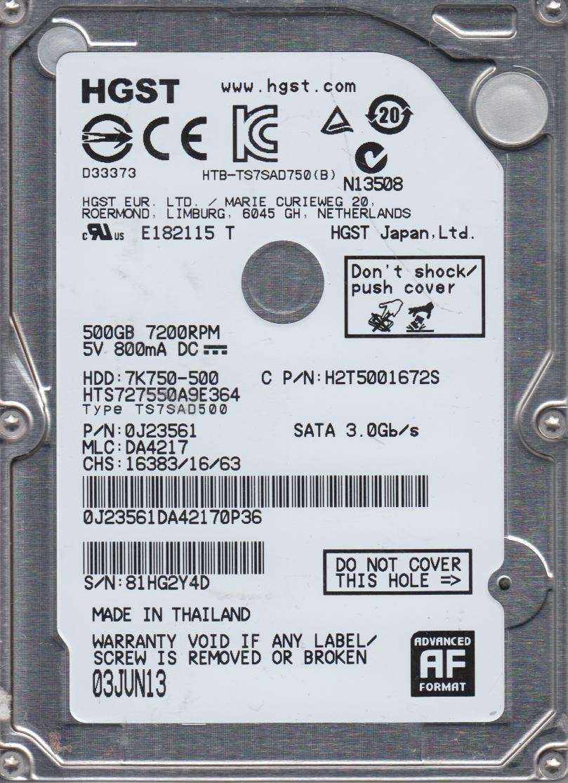 HTS727550A9E364, PN 0J23561, MLC DA4217, Hitachi 500GB SATA
