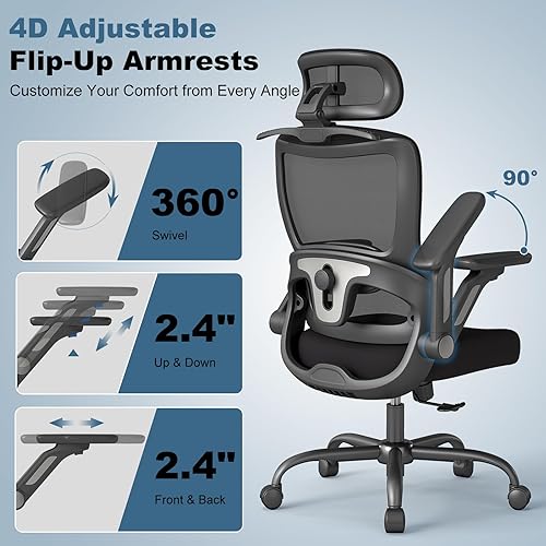 Miniatura 4 de Silla de oficina ergonómica, silla de escritorio de malla con reposabrazos abatibles 4D, reposacabezas ajustable 3D, respaldo ajustable 2D, ángulo