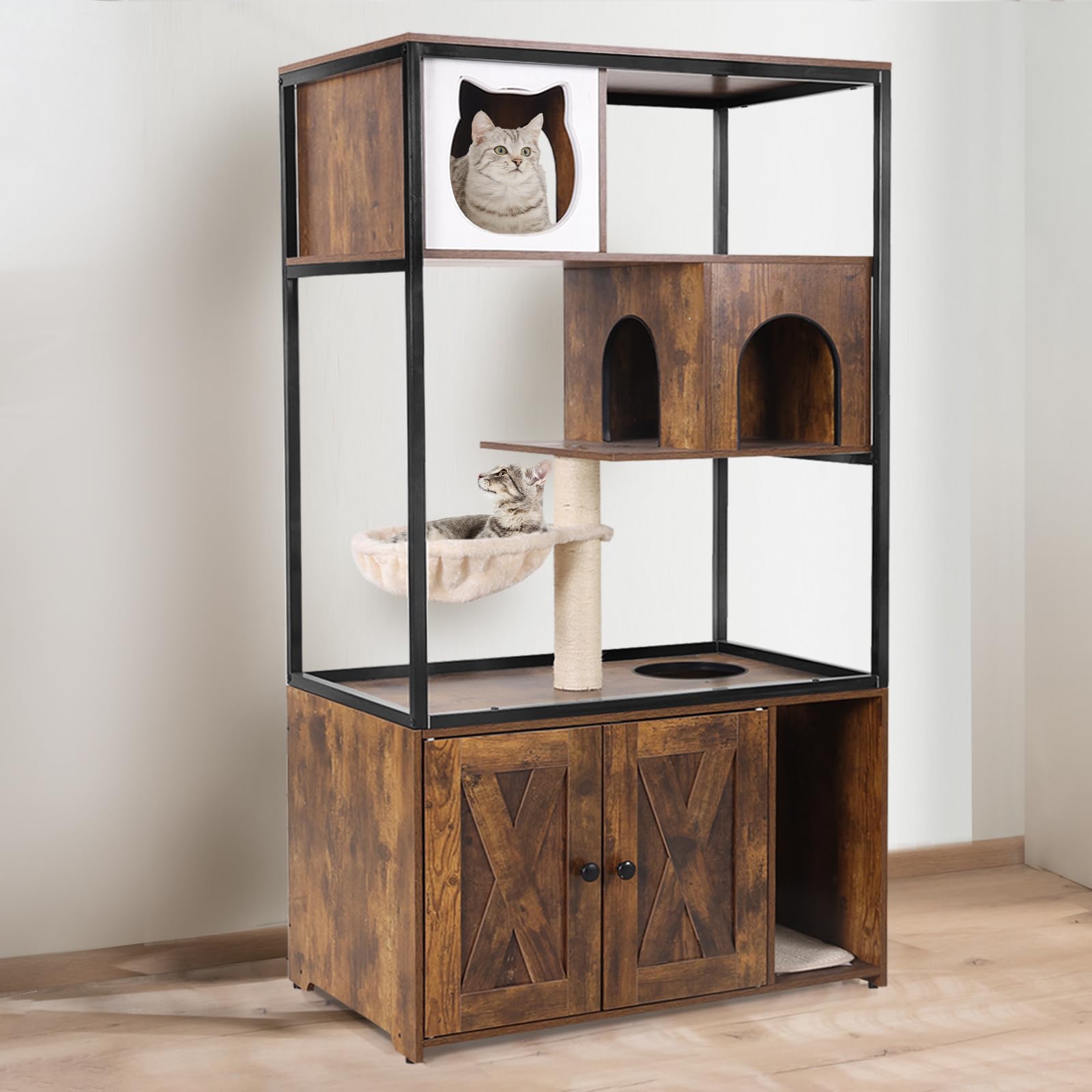 Cat Litter Box Enclosure Cabinet With Folding Door & Drawer - Hidden Litter Box Furniture, Wooden Cat House With Openable Top