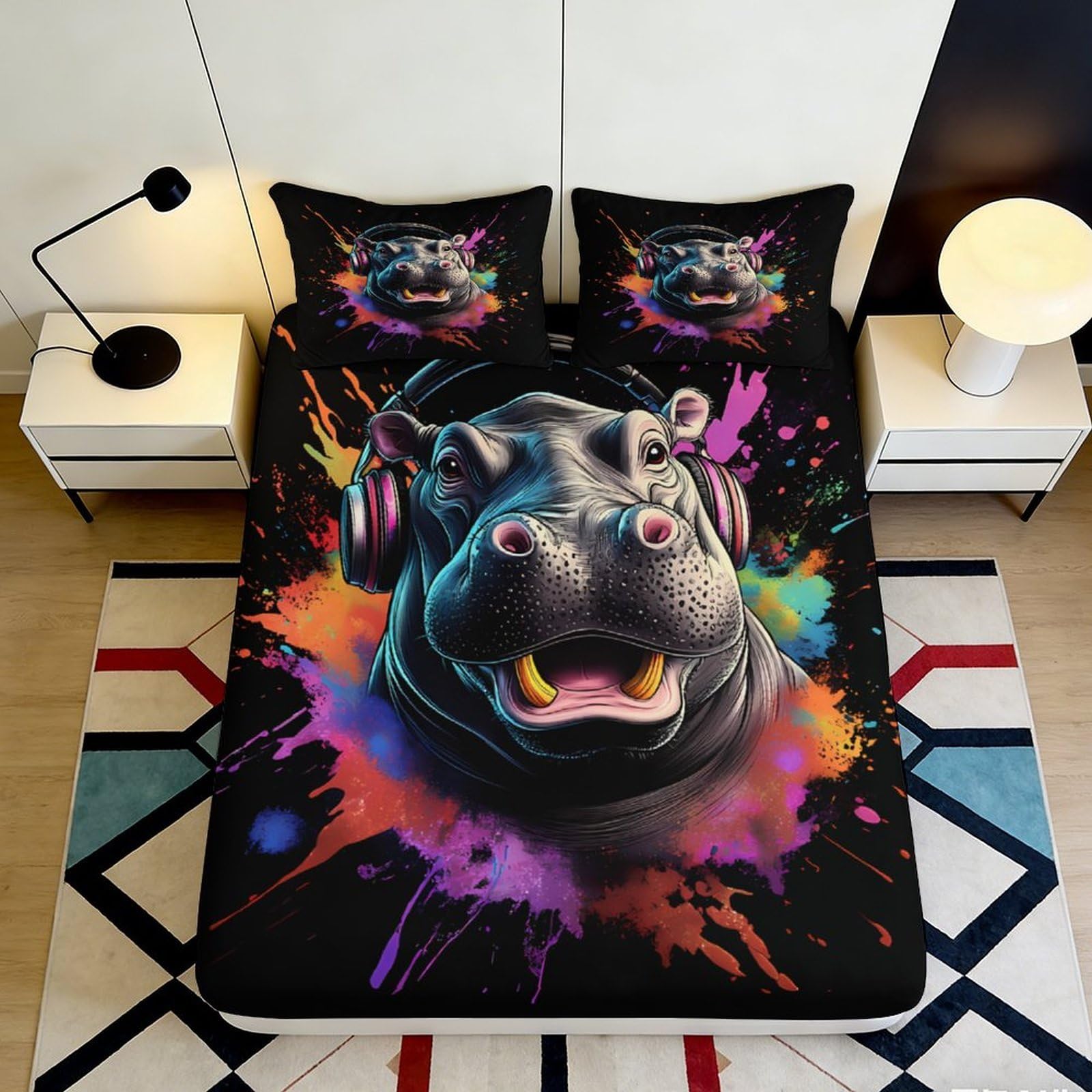 Jqzkxnhpbr Style-5 3D Printed Hippo Headphones Fitted Sheet Microfiber Vibrant Splash Bed Cover For Bedroom Guest Room Decor Protection 90X200x25cm