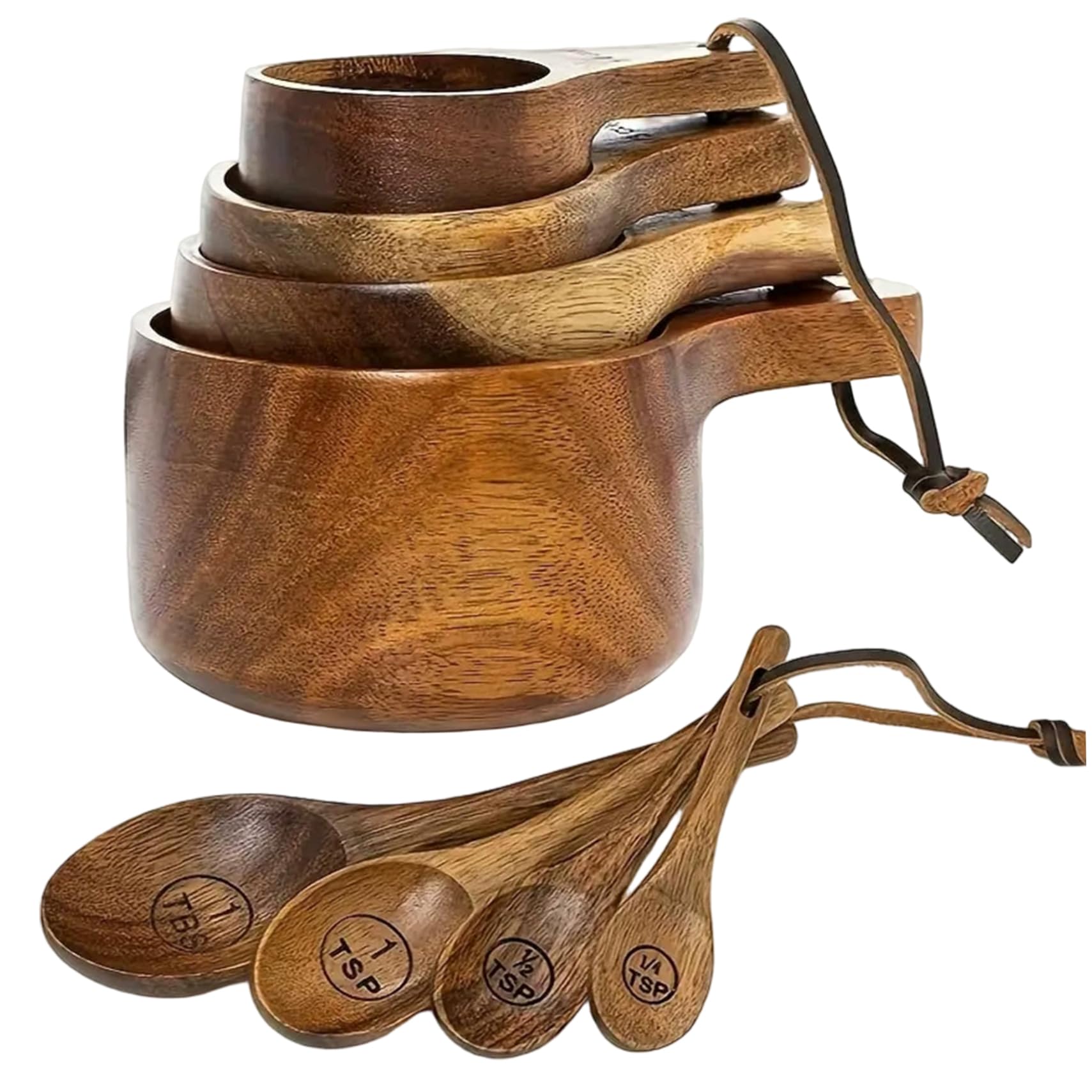 Tasses et cuillères à mesurer en bois (lot de 8) avec trou de suspension pour cuisine