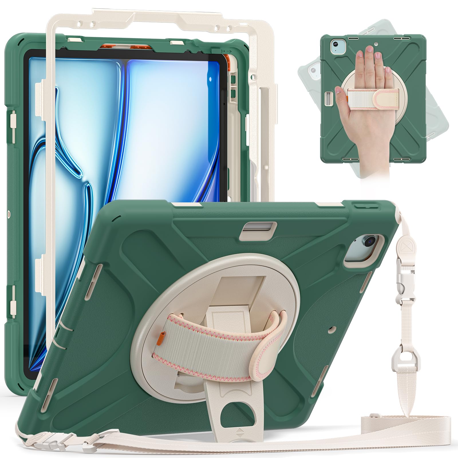 Batianda Case for iPad Air 13 inch 2025 2024 M3/M2 Chip Heavy Duty Rugged Durability Silicone Tablet Cover with 360° Rotating Hand Strap Foldable