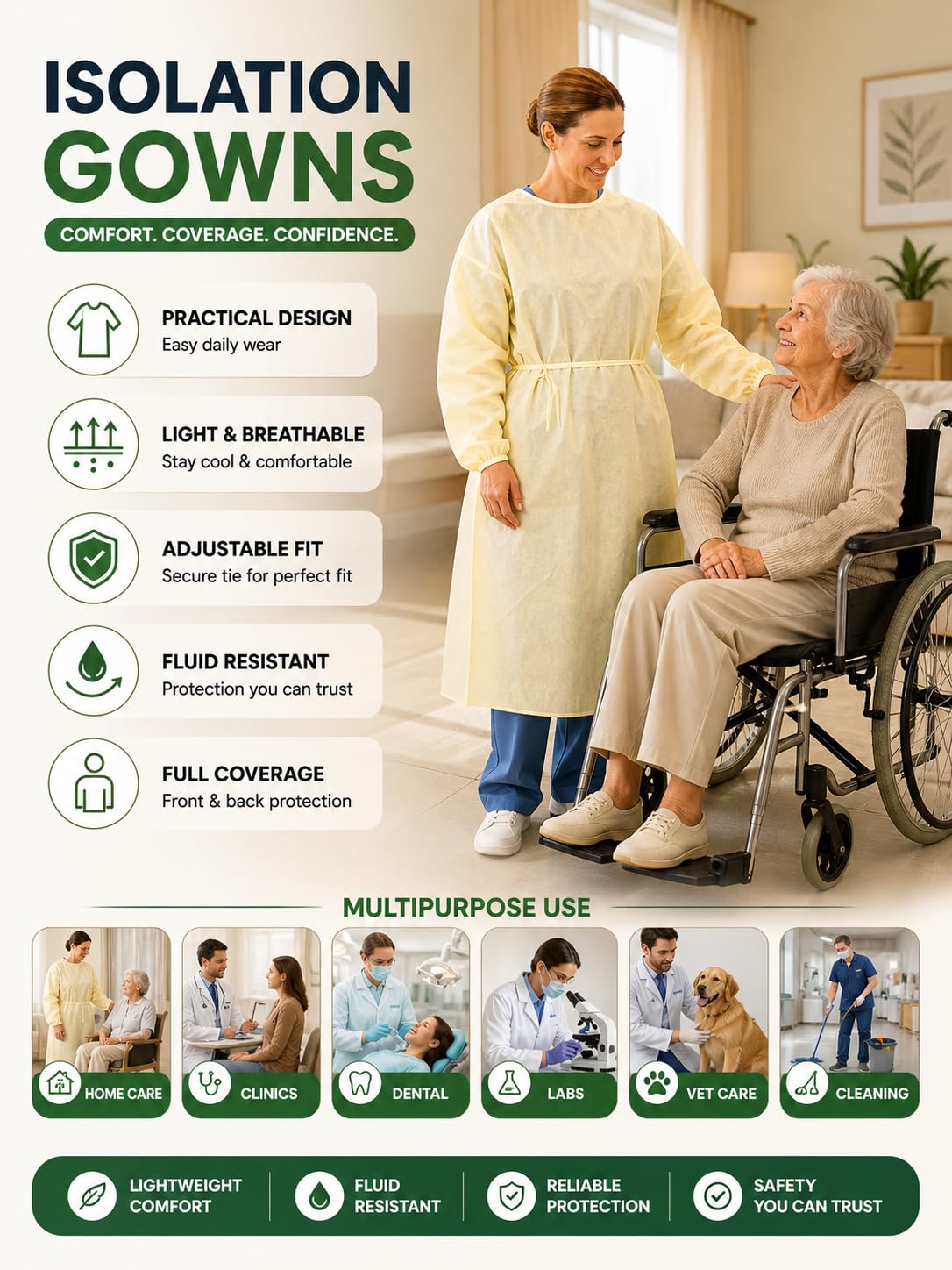 Isolation Gowns 10 Pack Disposable Large, Medium Weight Yellow SMS Fabric, Elastic Cuffs, Neck & Waist Ties, Breathable Fluid Resistant Protective Gowns for Medical, Dental, Lab & Hospital Use