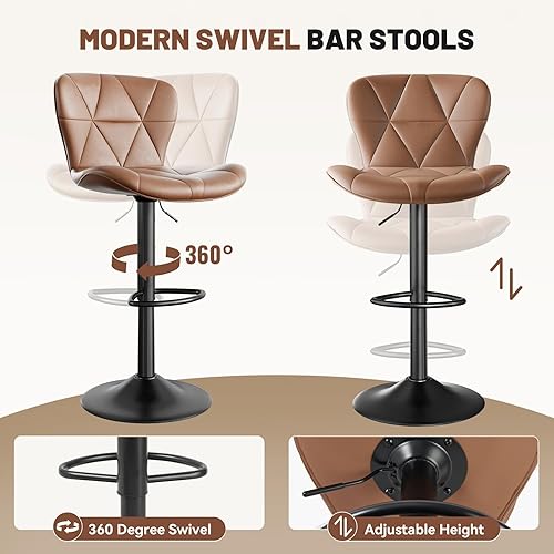 Miniatura 3 de Juego de 2 taburetes de bar, modernos taburetes de bar giratorios ajustables de piel sintética, sillas de altura de mostrador con respaldo y