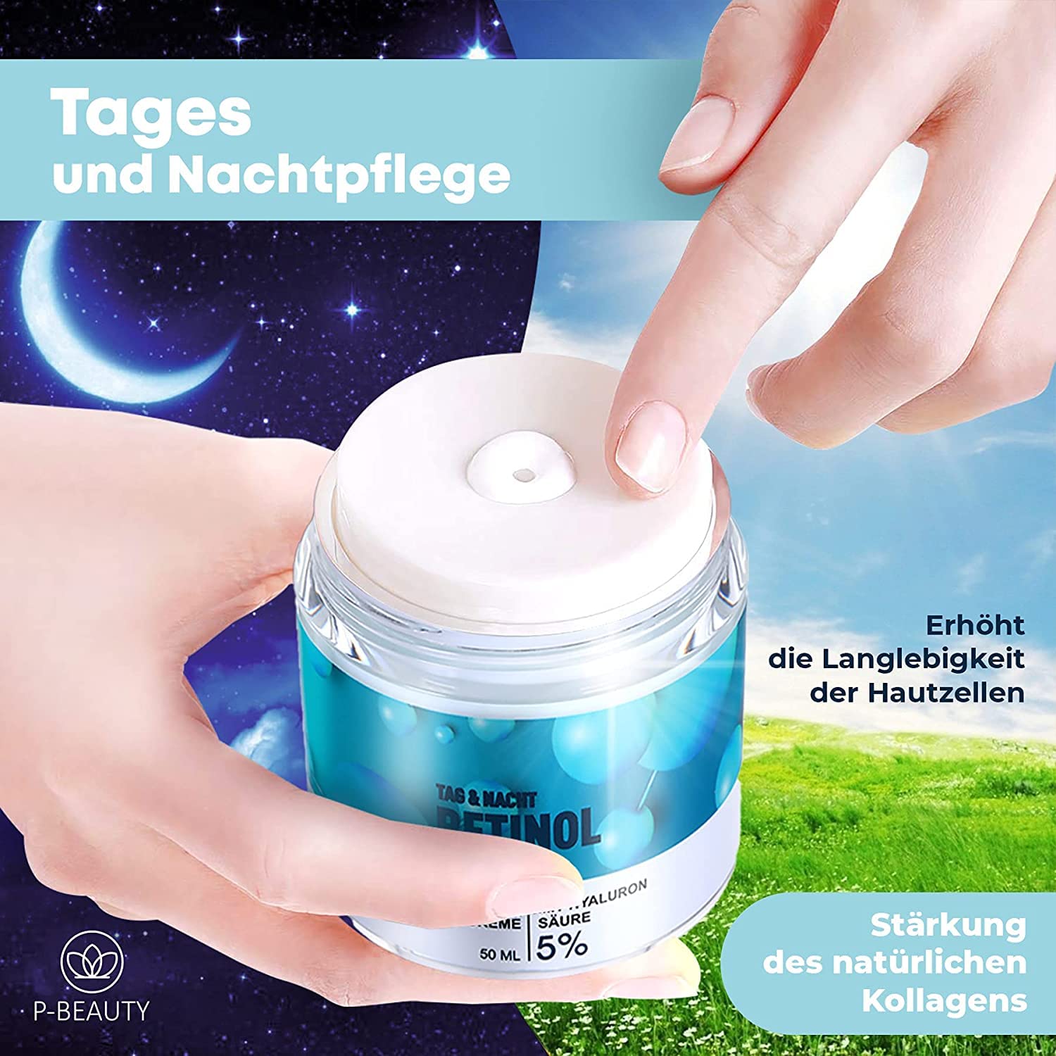 P-Beauty 3 x krem retinolowy, przeciwstarzeniowy z 5% retinolem 2 x 50 ml – krem nawilżający, krem na noc i krem na dzień z kwasem hialuronowym – krem przeciwzmarszczkowy, pielęgnacja twarzy z