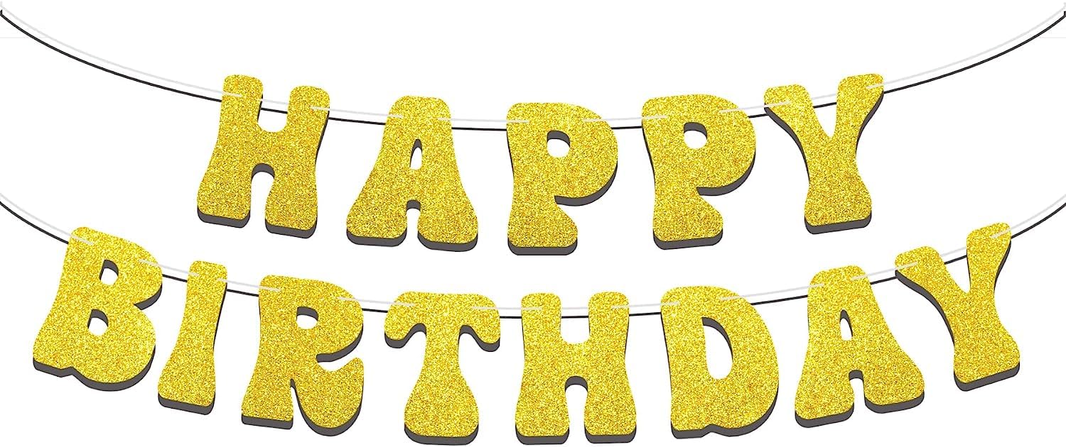 Happy Birthday Banner Gold Glitter Bunting Party Decoration Hanging Backdrop for Girls Women Wall Party Supplies Backyard Decor Flag Sign