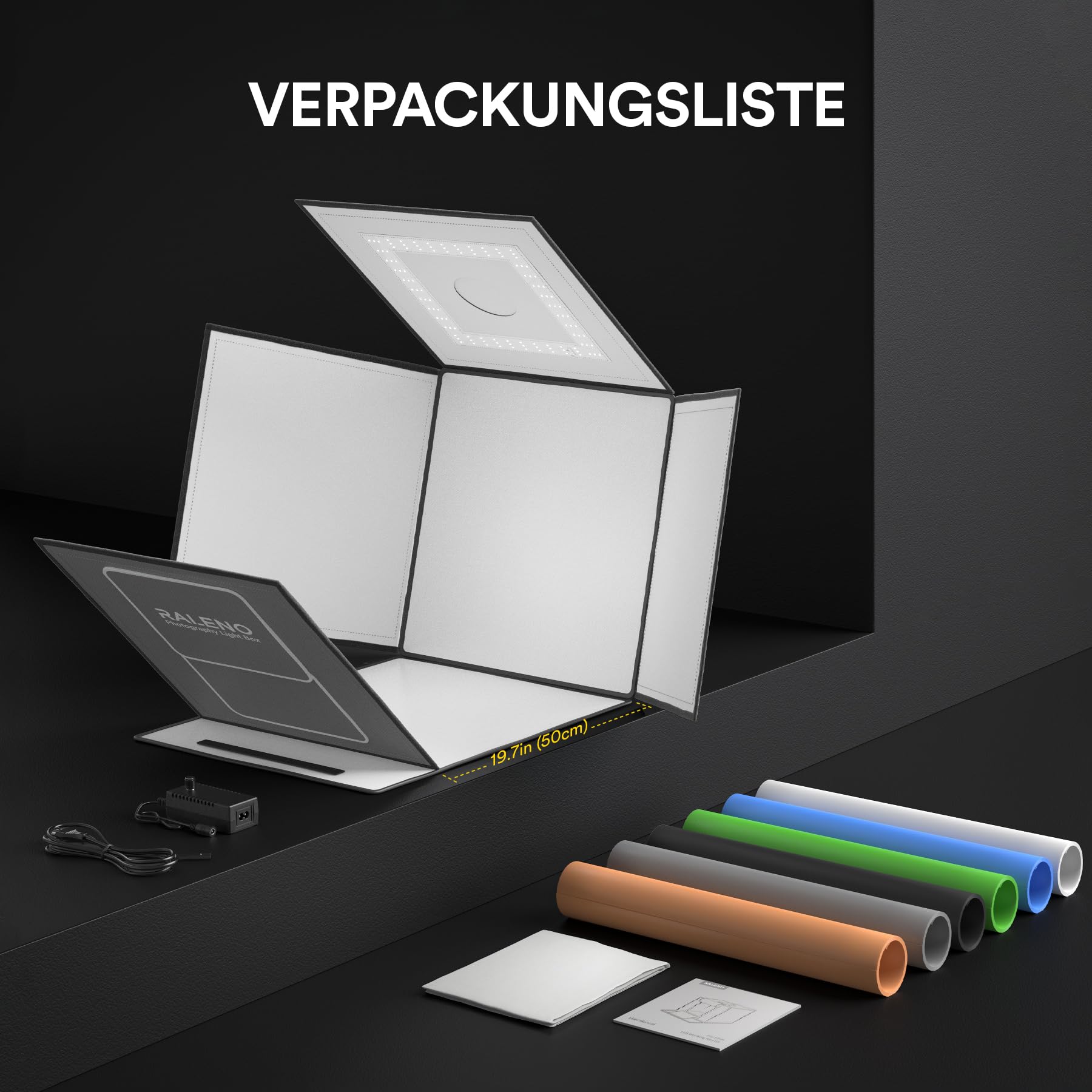 RALENO Studio Photo Box, 50x50 cm Boîtes de Lumière Kit, 50W Doublure PU Boîte à lumière Dimmable avec Éclairage Blanc Photo pour la Photographie de Produits, 5500K 97CRI avec 6 Fonds en PVC