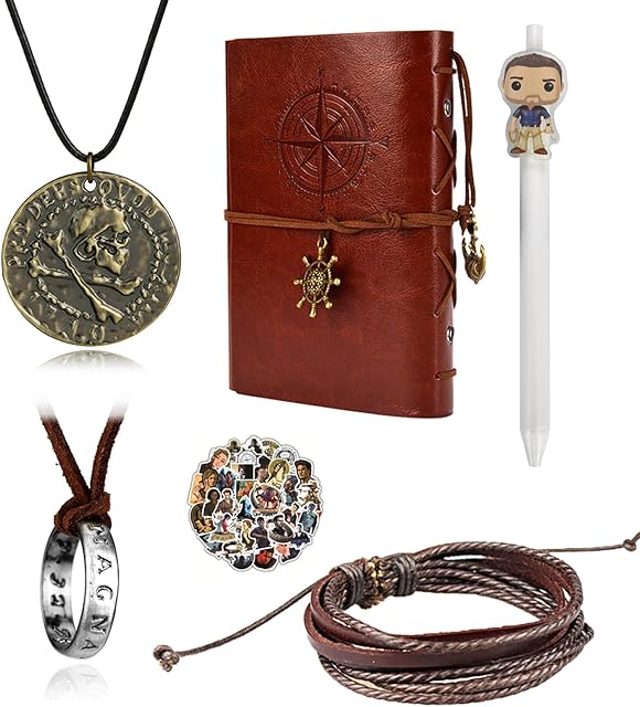 YouU 30 pcs Uncharted 4 Jewelry Set Drake Engraved Skull Bronze COIN Necklace Ring Necklace Handmade Leather Bracelet Leather Writing Journal Notebook with Pen Movie Stickers