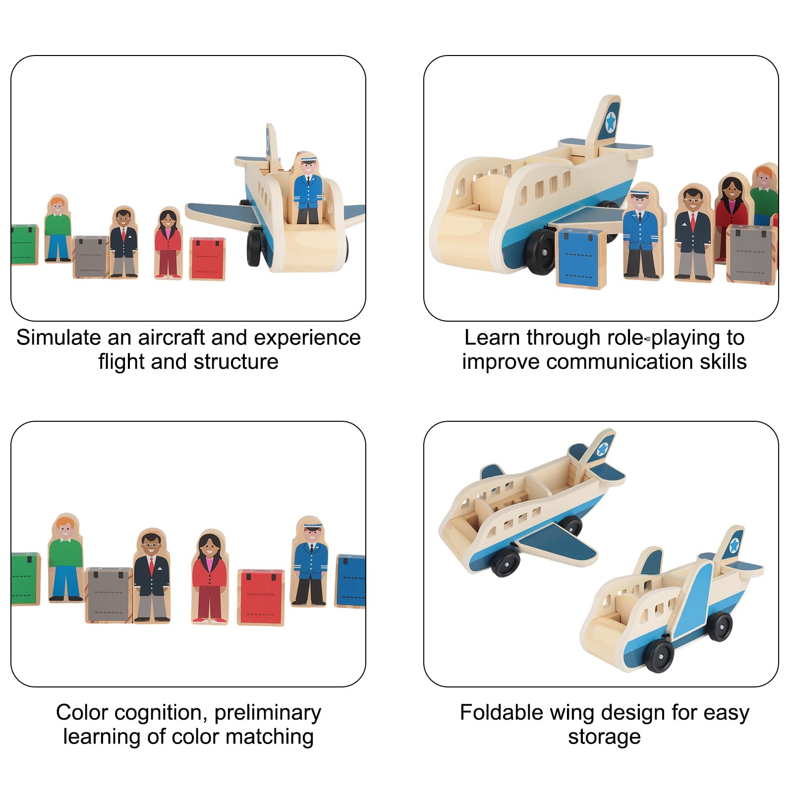 Pesoncarl Wooden Passenger Plane Set, Toy Airplane With 4 Play