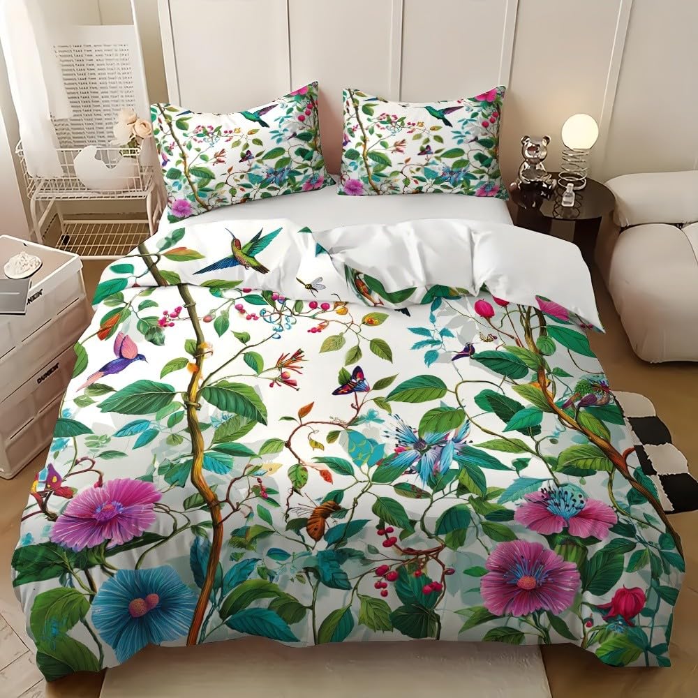 3-częściowy komplet pościeli z motywem kwiatów, motyli, kolibrów, 240 x 220 cm, poszewka na kołdrę z 2 poszewkami na poduszkę 80 x 80 cm, zielona, z mikrofibry, z zamkiem błyskawicznym, nie wymaga