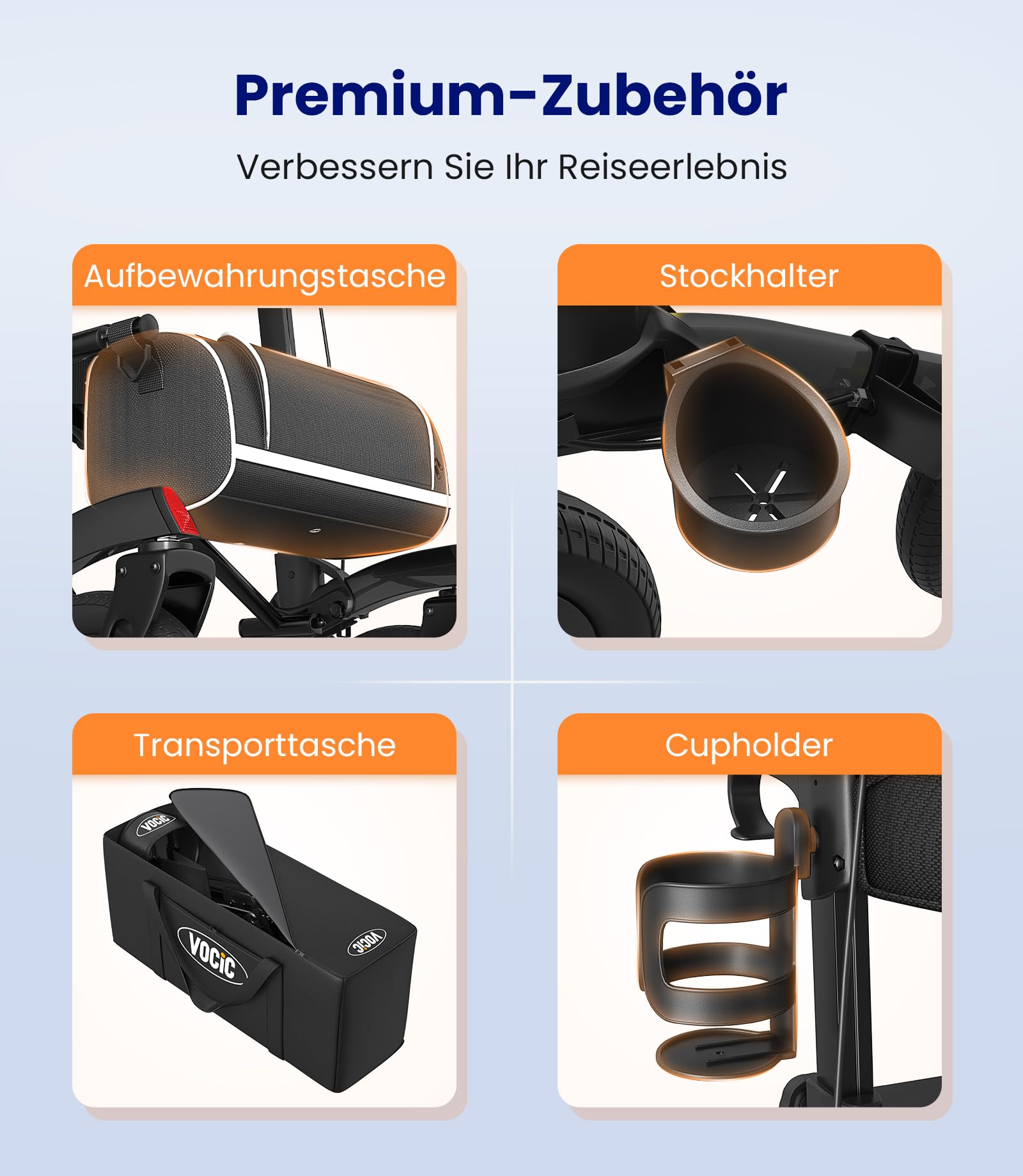 VOCIC Rollator Faltbar und Leicht mit Sitz Z52 Outdoor Walker Allen Gelände | Gummi-Nonluftbereifung, Aluminium Höhenverstellbare Rollatoren für Draußen & Langlauf & Reisen, Schwarz(5 Jahre Support)