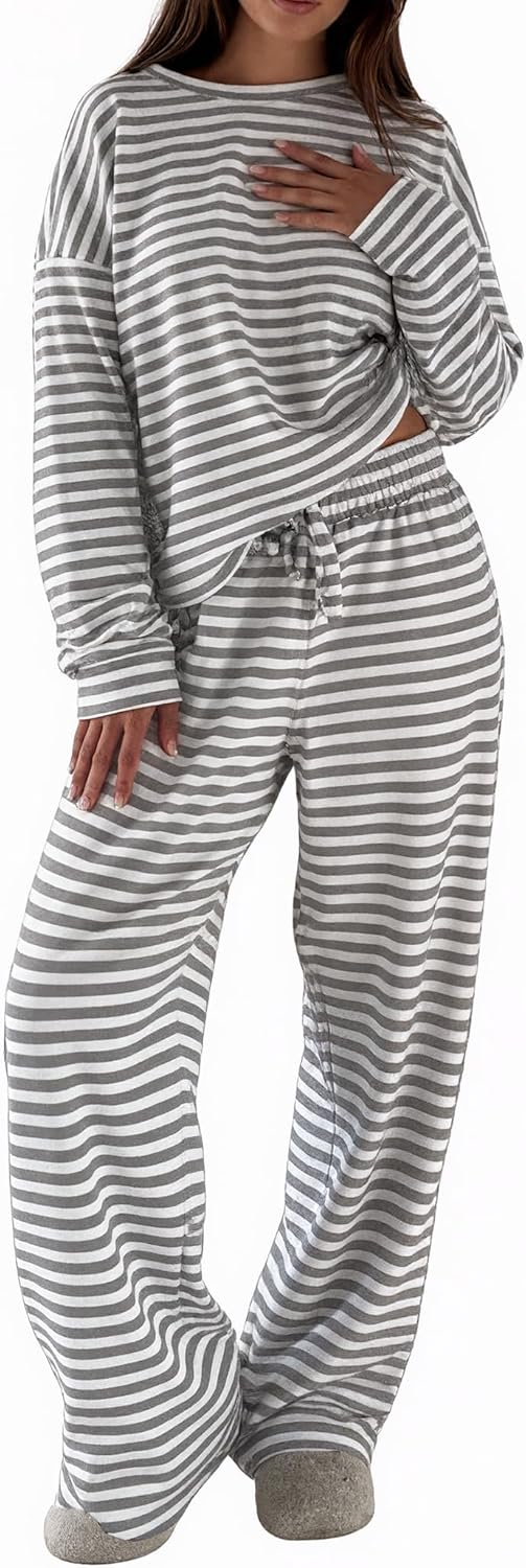 Womens Striped Lounge Sets 2 Piece Oversized Pajama Set Long Sleeve Wide Leg Drawstring Pants with Pockets Sleepwear