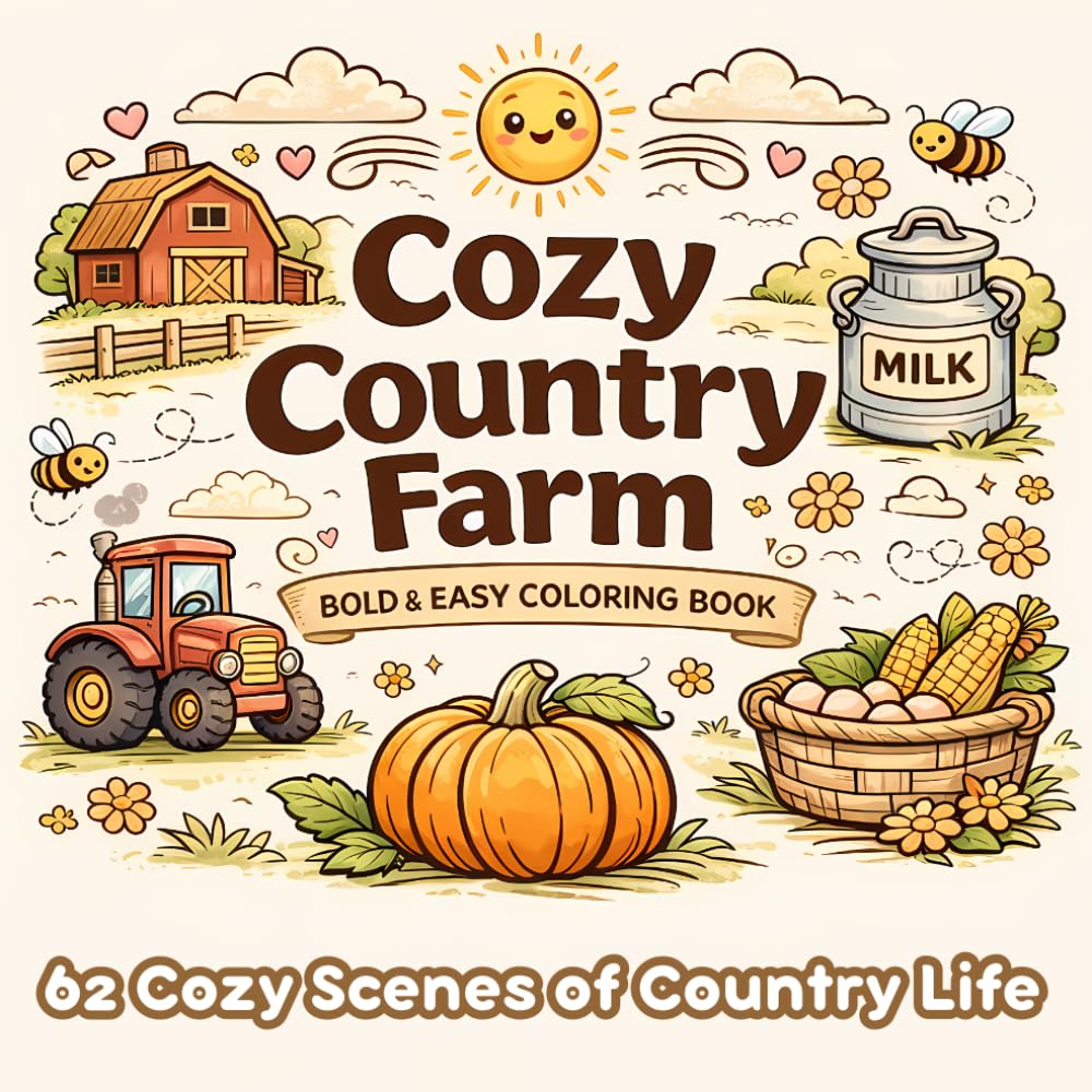 Cozy Country Farm: A Bold and Easy Coloring Book with 62 Simple Large Print Designs of Animals, Rustic Barns, and Relaxing Landscapes for Adults, Seniors and Kids
