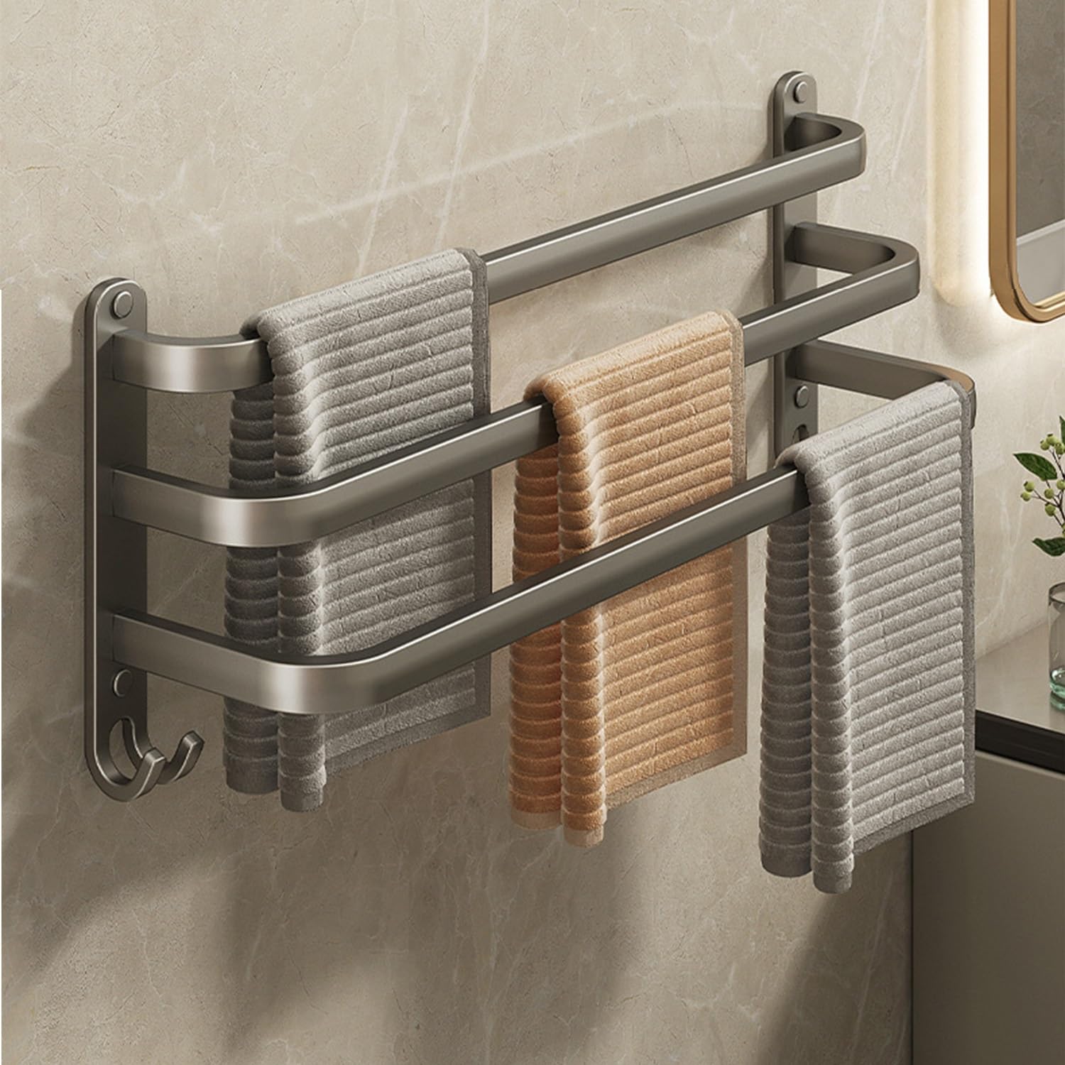 LMYSXAOZ 3-Tiers Towel Rack Space Aluminum Bar Holder Dish Cloths Hanger Wall Mount Rail For Kitchen, Bathroom(60cm/23.6in)