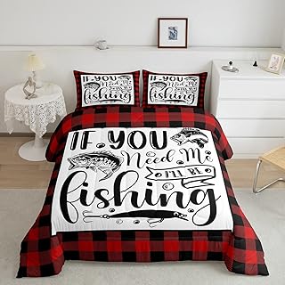 Erosebridal Bass Fish Comforter Set Queen Size, Hunting Fishing Themed Bedding Set for Kids Boys Teens Men Bedroom, Red Black Plaid Grid Duvet Insert Ocean Animal Duvet Set with 2 Pillow Cases