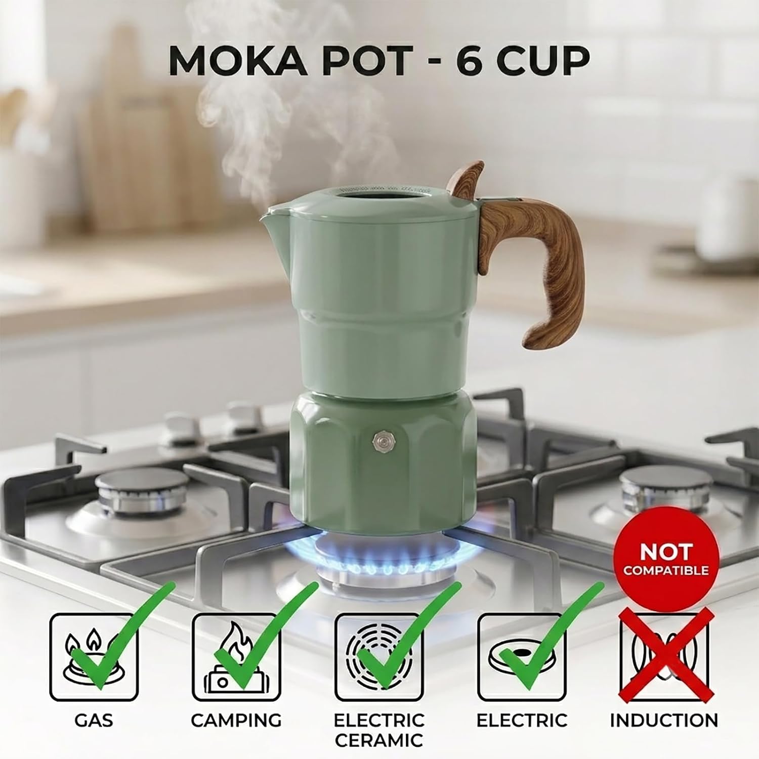 6 Cup Moka Pot, 10oz Aluminum Stovetop Espresso Maker, Retro Two Tone | Rich Espresso Flavor Extraction; coffee percolator