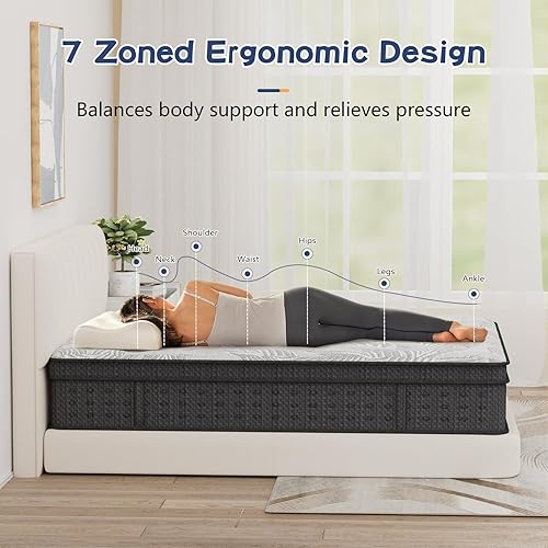 Miniatura 6 de Colchón tamaño King, de 14 pulgadas, colchón híbrido en una caja, resortes de bolsillo individuales con espuma viscoelástica, firmeza media, alivio