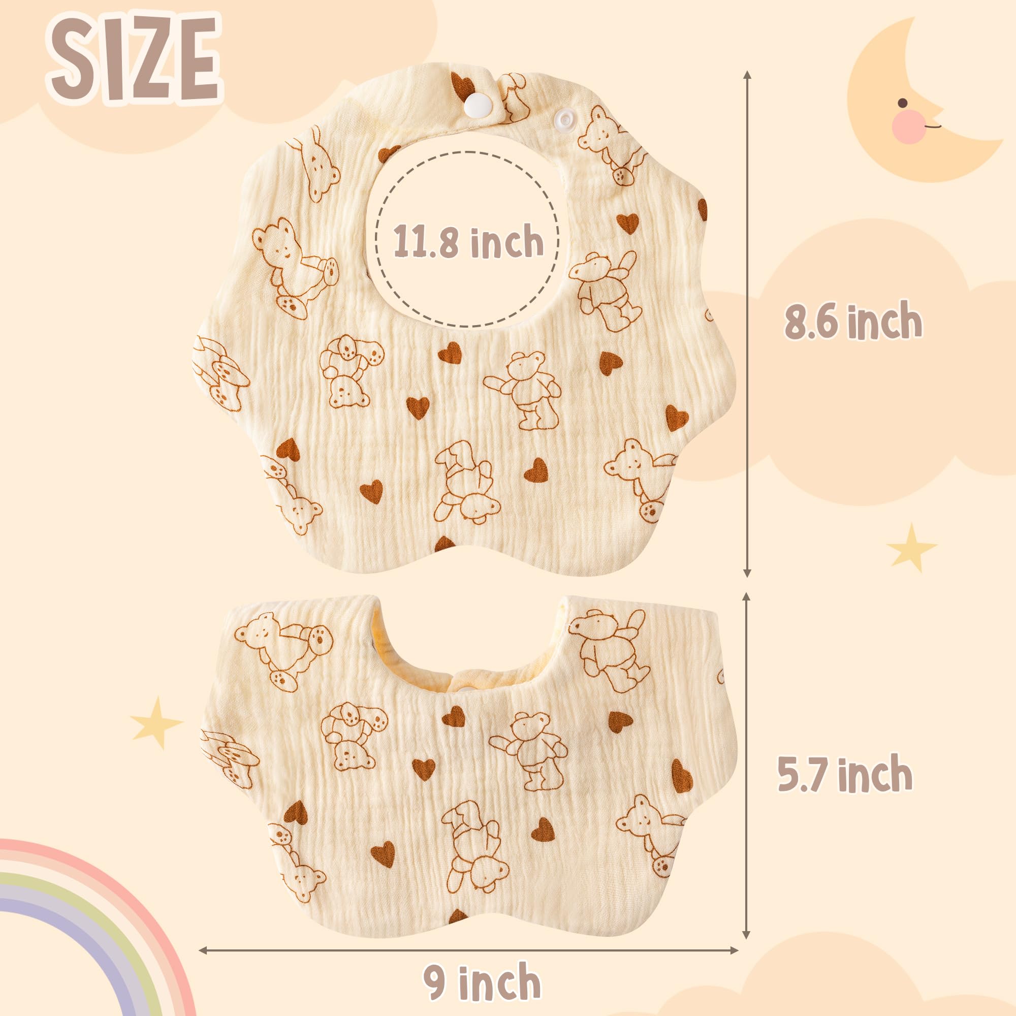 WATINC 6Pcs Muslin Baby Drooling Bibs Adjustable Cotton Bib for Girls Boys Teething Feeding Irregular Petal Bib for Newborn Bandana Drool Cloth Soft Absorbent Unisex Baby Shower (Heart Shaped) - Image 2