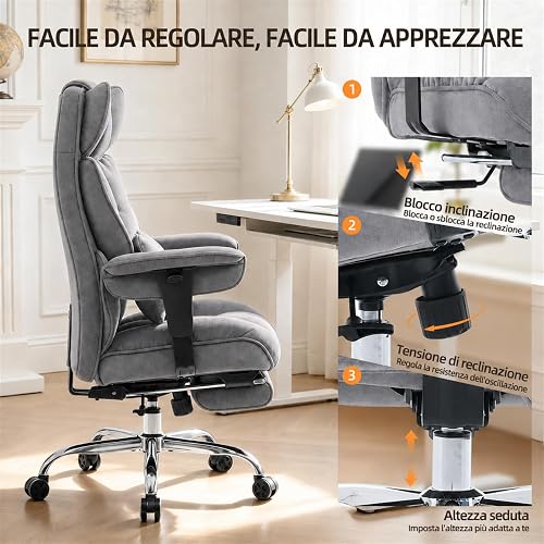 Efomao Sedia da Ufficio Ergonomica in Tessuto, Poltrona Scrivania Reclinabile con Poggiapiedi Estraibile, Schienale Alto, Supporto Lombare, Sedia Girevole per PC, Smart Working e Gaming (Grigio) - 7