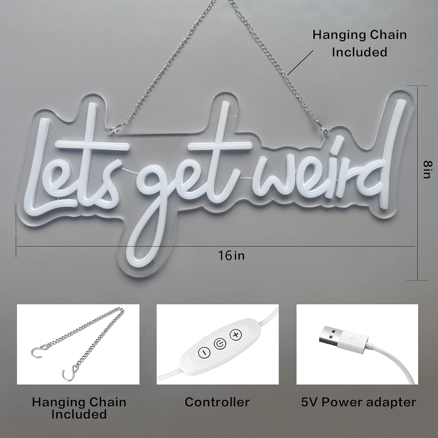 Let's Get Weird Neon Sign with USB Charging Port and Dimmable Switch,Hanging Neon Signs Night lamps for Wall Background Room Aesthetic Decor, 16x8 in,Warm White
