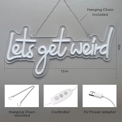 Miniatura 6 de Let's Get Weird - Letrero de neón blanco con puerto de carga USB e interruptor regulable, lámparas de noche colgantes de neón para decoración