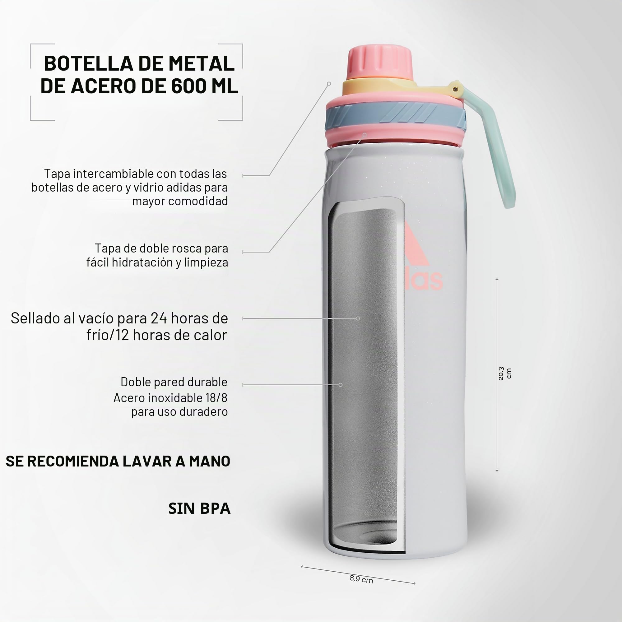 adidas 600 ML (20 oz) Metal Water Bottle, Hot/Cold Double-Walled Insulated 18/8 Stainless Steel