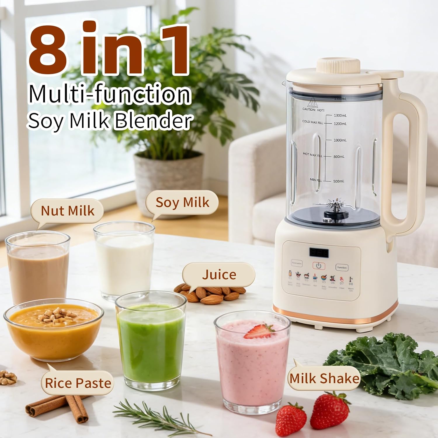 42oz 8 in 1 Nut Milk Maker Machine with Titanum Blades for Homemade Soy milk, Almond milk, Oat milk, Plant Based, Juice - No Burning Bottom, Automatic Clean & Delay Start