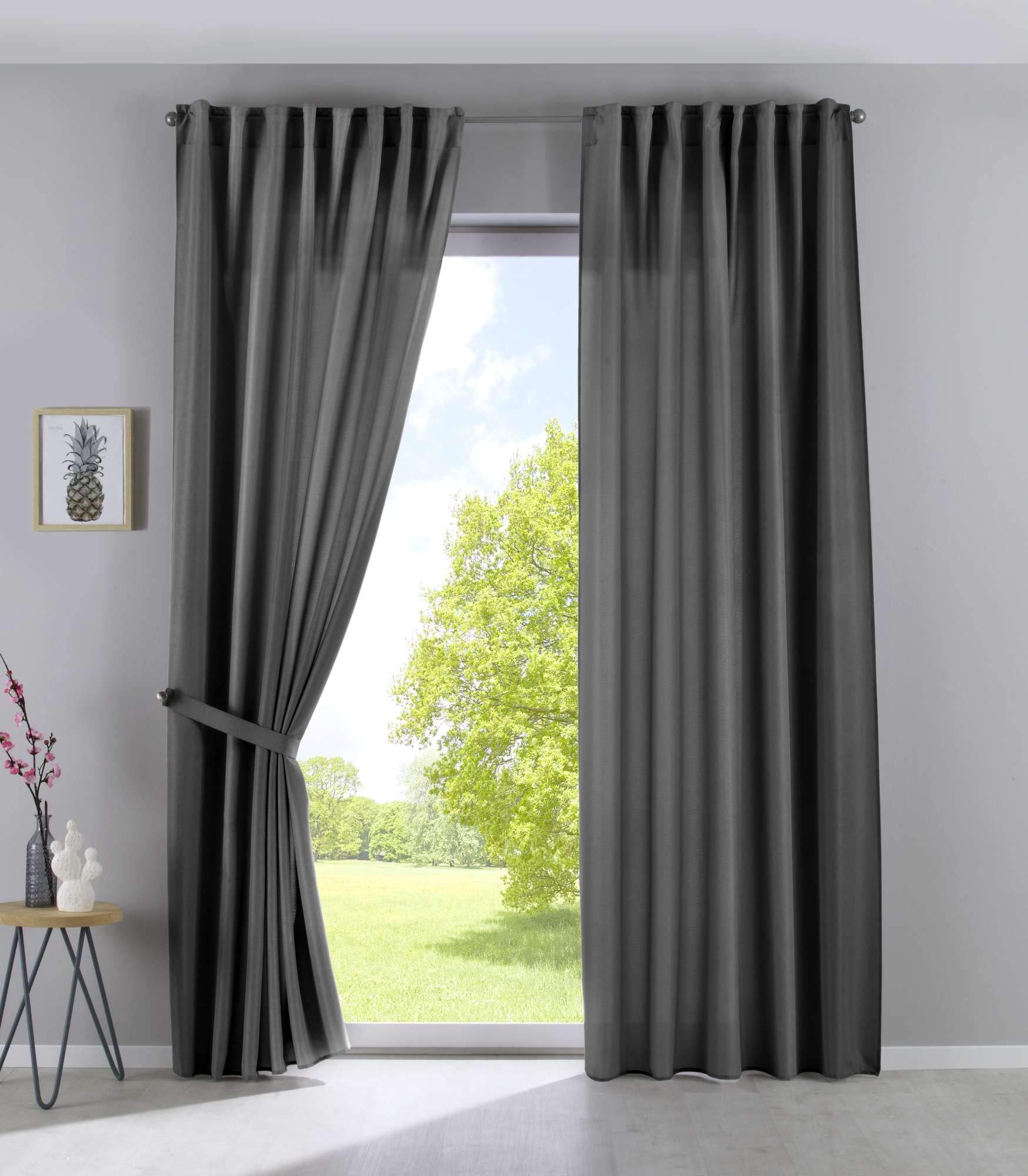 Gardinenbox Cationic JENA Set of 2 Curtains Concealed Loops Opaque Linen Look Curtains Mottled Curtain Tape with Tiebacks, 100% Polyester, Grey, H x W 145 x 140 cm