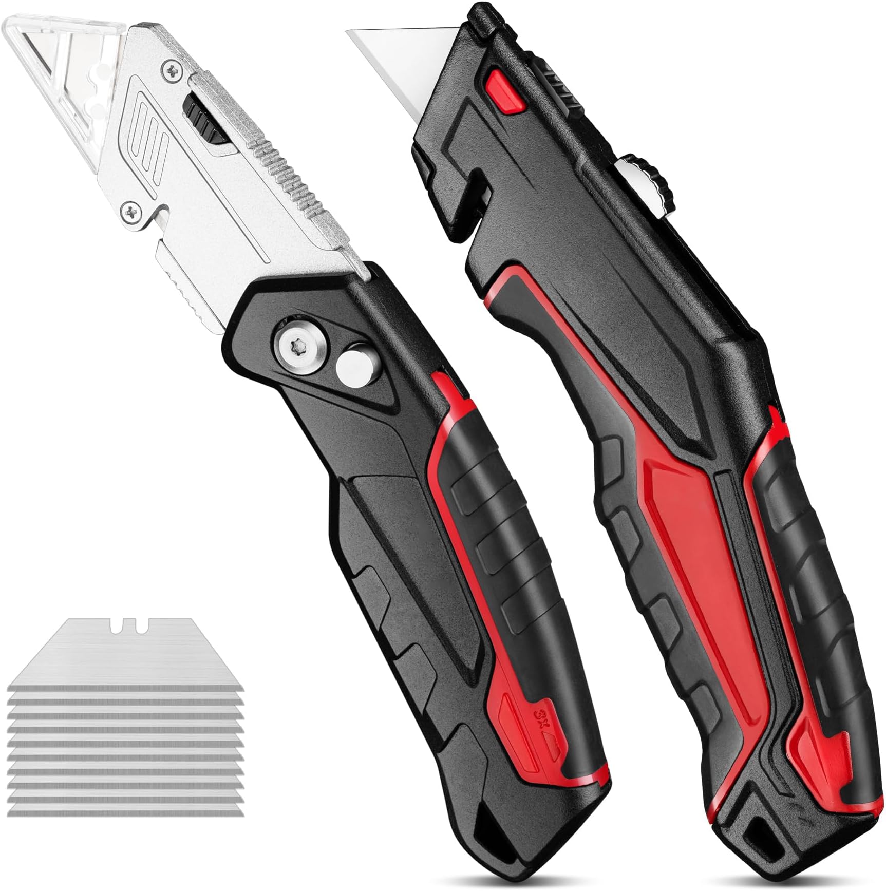 Excefore 2-Pack Utility Knife Box Cutter Set - Retractable & Folding Razor Knife with 20 Extra SK5 Sharp Blades, Red