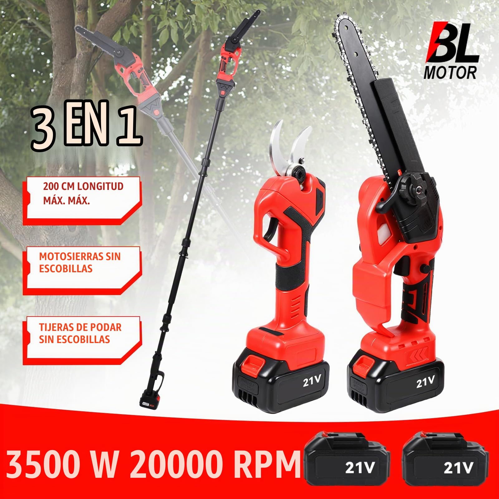 Motosierra Telescópica de 8 Pulgadas & Tijeras de Podar Eléctricas de 40 mm, Herramientas de Jardín 4 en 1,con 2 Baterías, ángulo Ajustable a 180°, Altura de Trabajo de Hasta 4,5 m.