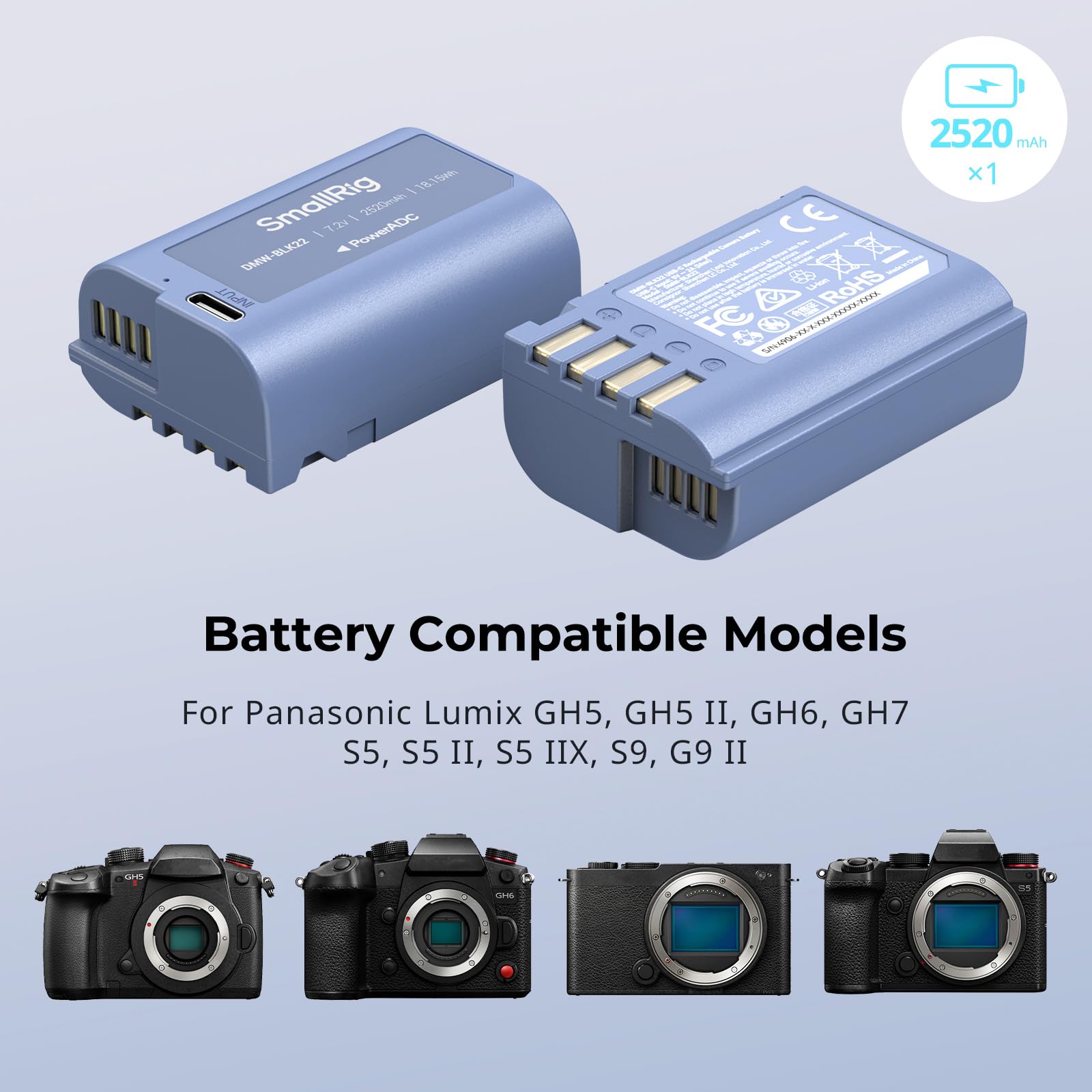 SMALLRIG Camera Battery Akku für DMW-BLK22 2520mAh USB-C Ersatzakku für Panasonic LUMIX GH5, S5, 2,5H voll aufgeladener Akku für Panasonic LUMIX GH5 II, S5 II, GH7, GH6, S9, S9 II, S5 IIX – 4906