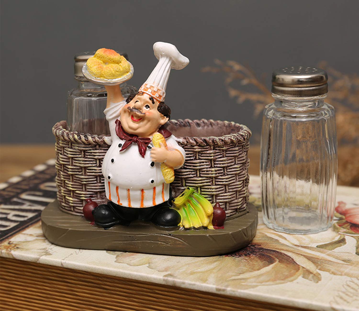 Juego de salero y pimentero, organizador de especias decorativo de chef sentado, tarros de especias de cristal con soporte para la familia, cocina, restaurante, cafetería, panadería