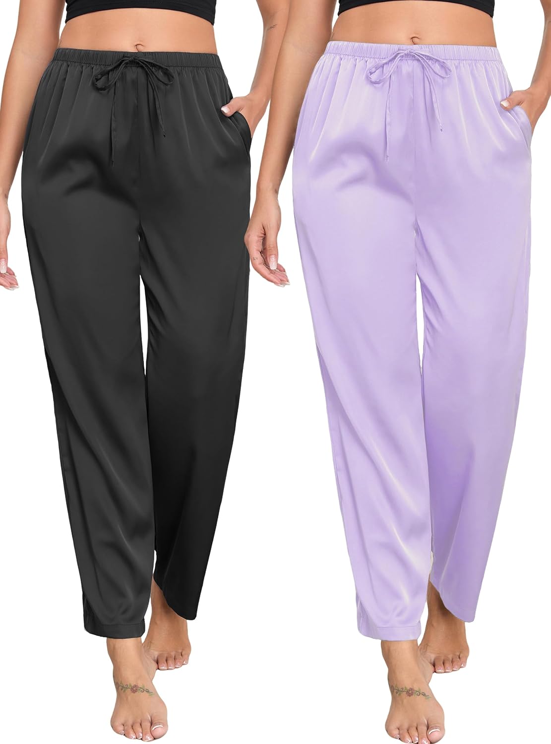 Veseacky Women's 2 Pack Satin Pajama Pants Silky Soft Lounge Sleep Bottoms with Drawstring Waist & Pockets