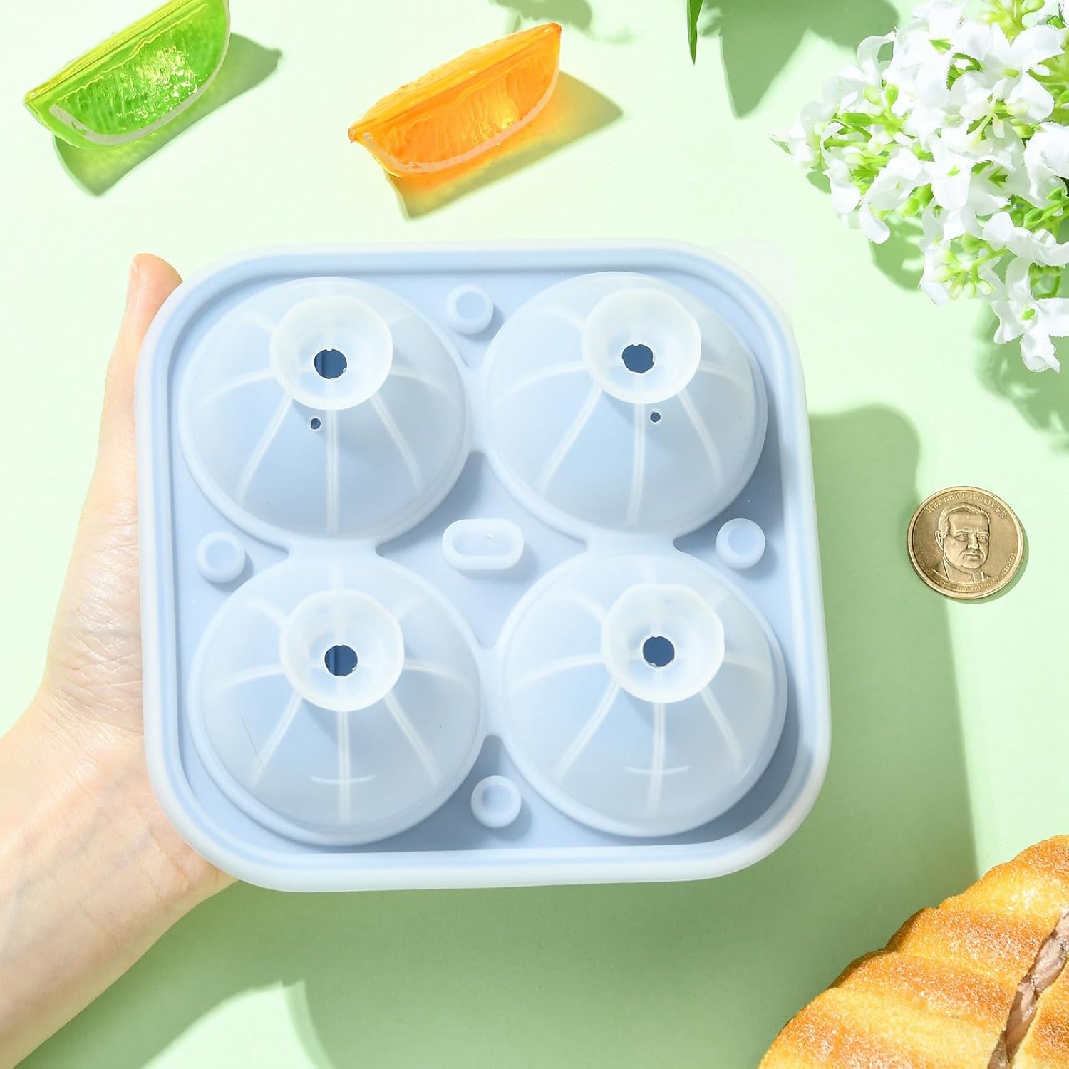 Stiesy 1pc 4 Cavity Basketball Ice Silicone Molds Sport Ball Ice Trays Molds with Lid for Freezer Jelly Milk Juice Coffee Chilling Cocktails Whiskey image 4