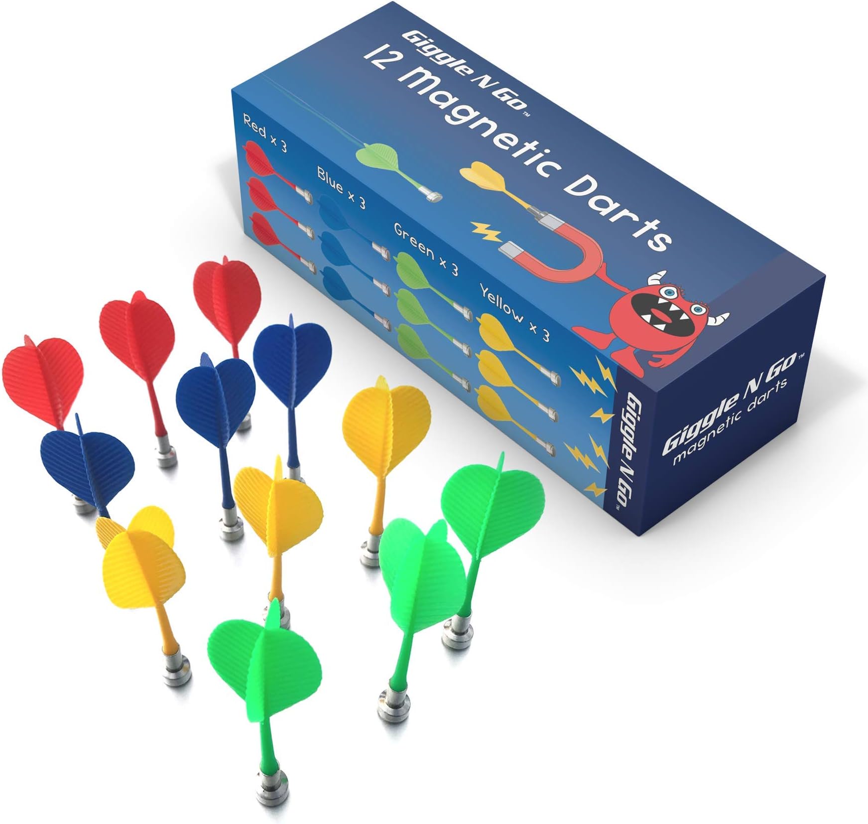 Giggle N Go Magnetic Replacement Darts for Kids - 12 Quality Safety Darts in 4 Color's for Darts Replacement or if You Just Need Some Extra Magnetic Darts for Kids - 3 X Red, Blue, Green and Yellow