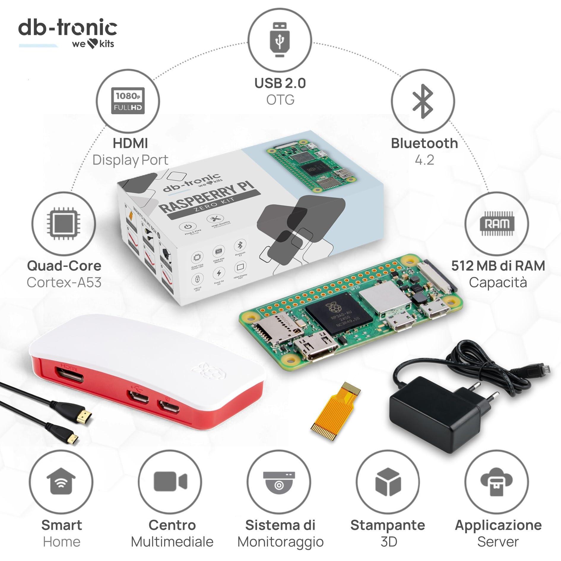 db-tronic Raspberry Pi Zero 2 W Starter Kit | Custodia con 3 coperture | Alimentatore da 13 W | Cavo mini HDMI da 1 m | Cavo per fotocamera | Piedini in gomma