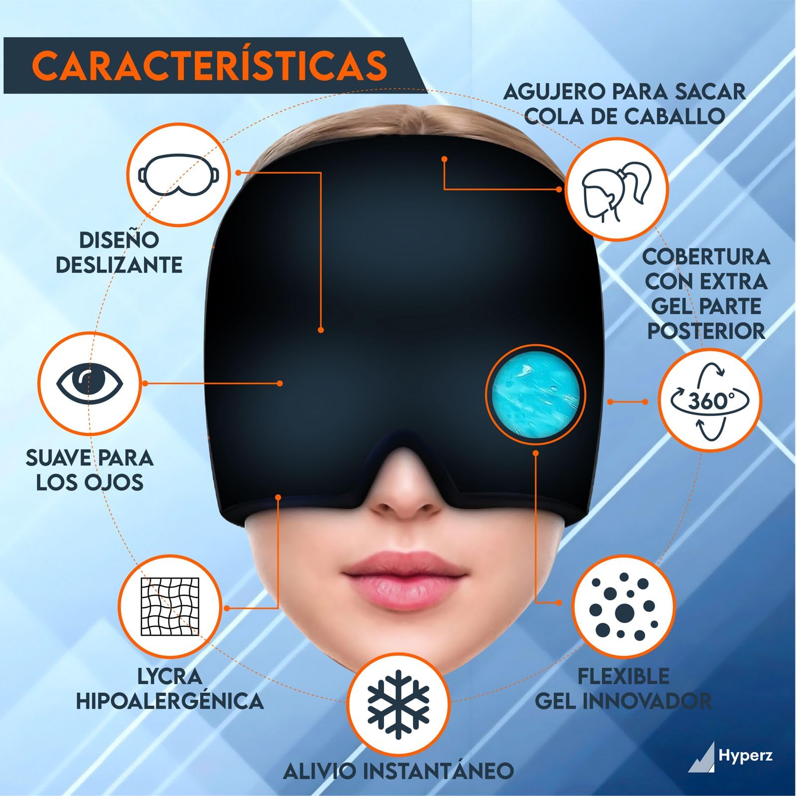 Hyperz - Migraine Headache Cap Cold Gel Headache Cryotherapy Migraine Relief Compression Cap Headache Hat Ice Cap Eye Gel Mask One Size