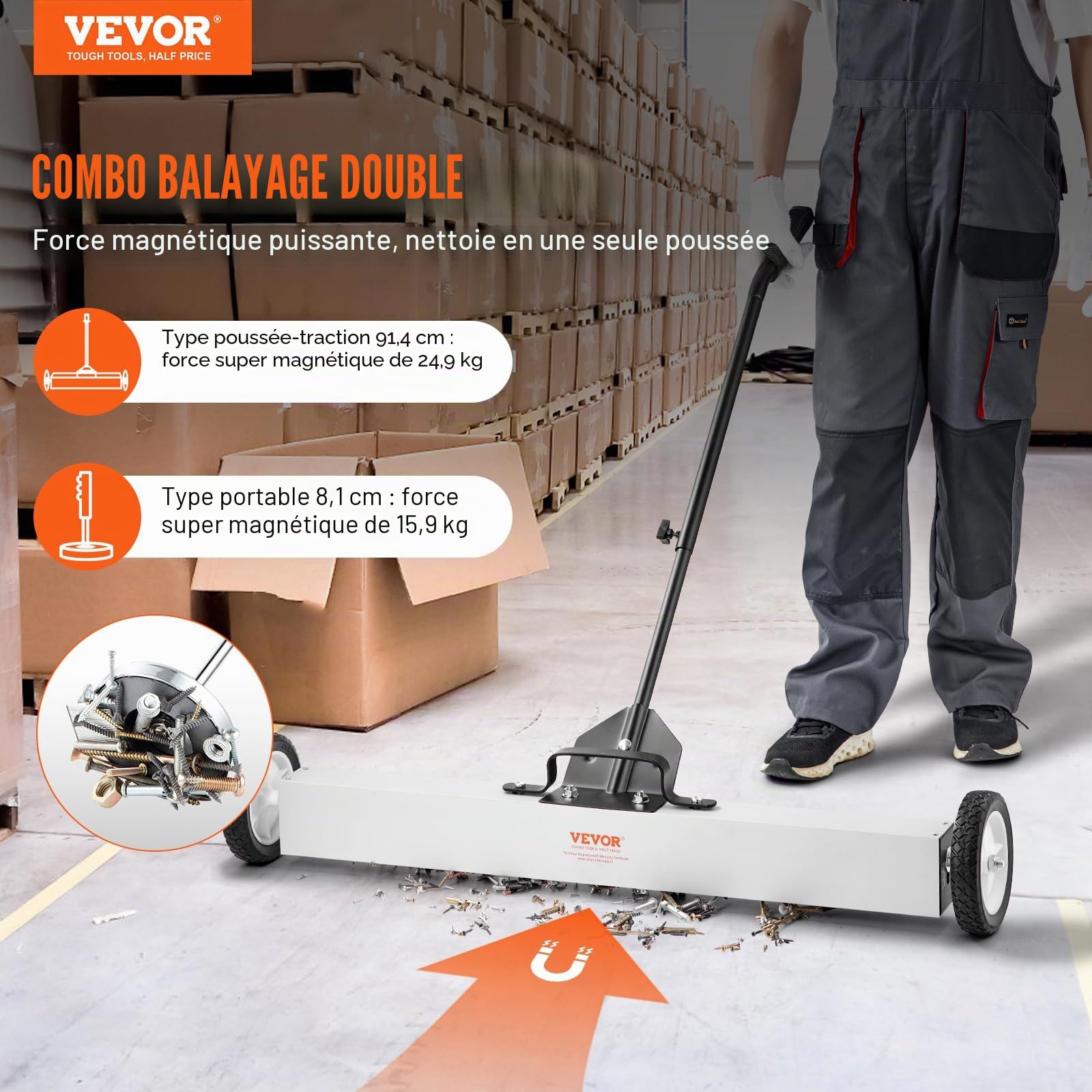 VEVOR Balayeuse Magnétique 91 cm 24,9 kg avec Roues Manche Télescopique Poignée Réglable