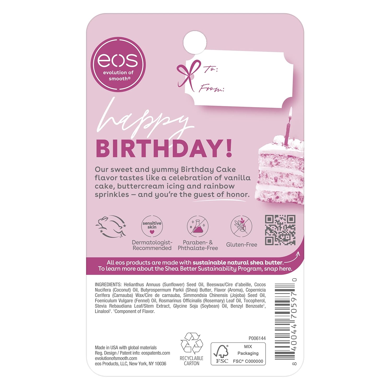 eos Natural Shea Lip Balm- Birthday Cake, All-Day Moisture Lip Care Products, 0.25 oz Birthday Cake 0.25 Ounce (Pack of 1)