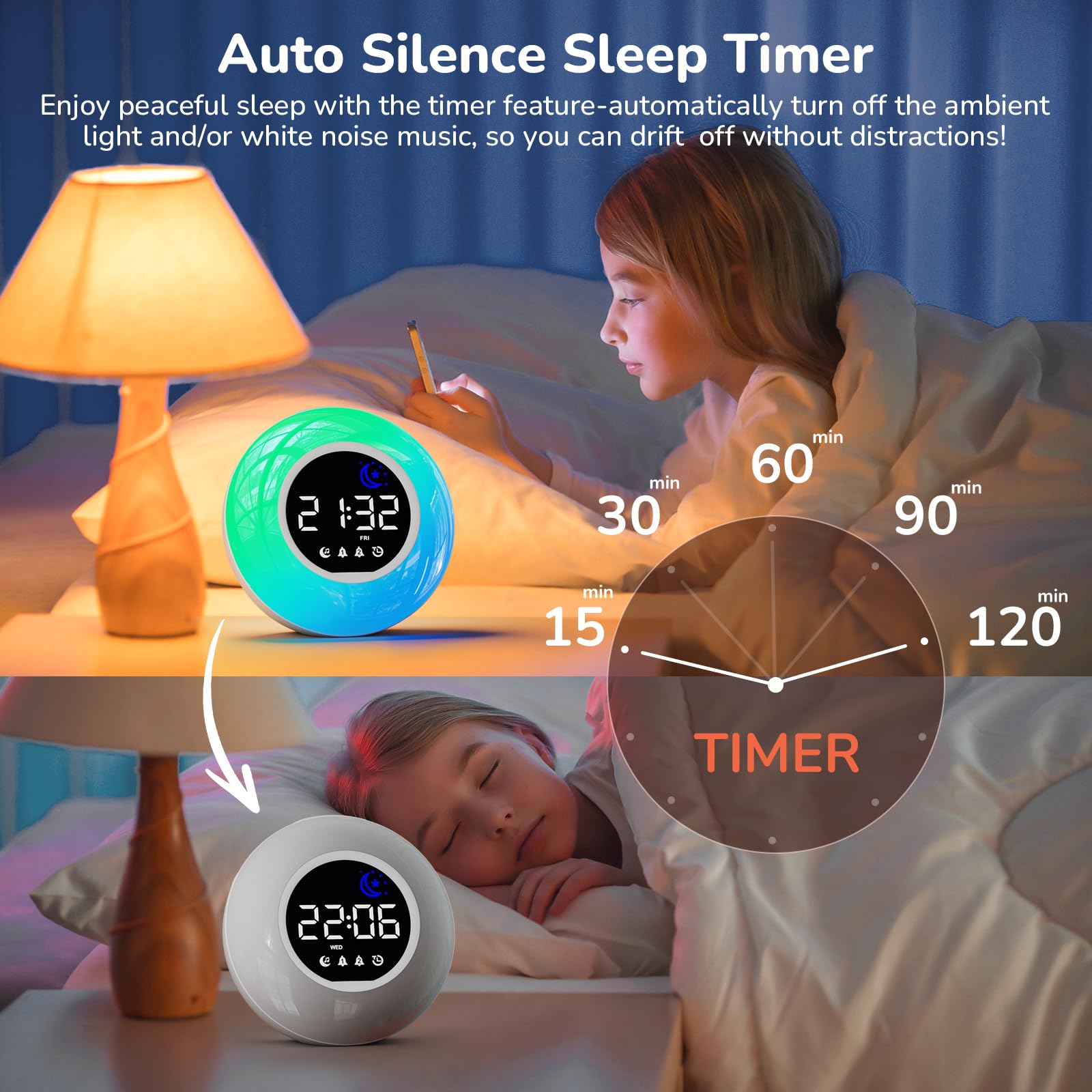 Wecker Digital, Kinderwecker mit Nachtlicht, 12 White Noise, 2 Alarmanzeige, Snooze und Timer, Einstellbare Helligkeit, Wecker für Schulanfänger, Netzbetrieben