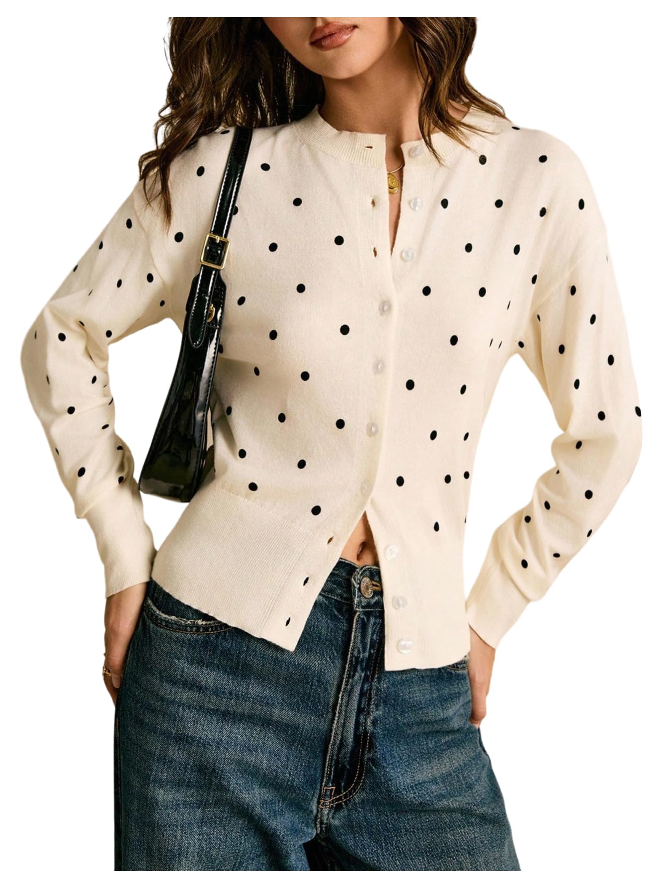 Milumia Womens Polka Dots Button Up Cardigan Open Front Long Sleeve Knit Fall Sweater Tops