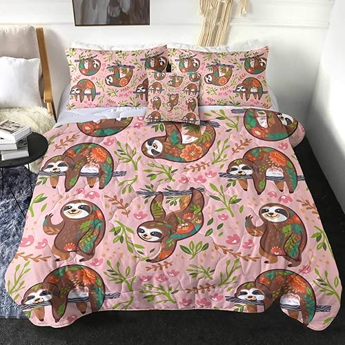 Sleepwish Cartoon Sloth Comforter Set Queen Size 4 Piece Bed Sets Reversible Quilt Set Lightweight Ultra Soft Bedding for Kids Teens (1 Comforter 2 Pillow Shams 1 Cushion Cover)