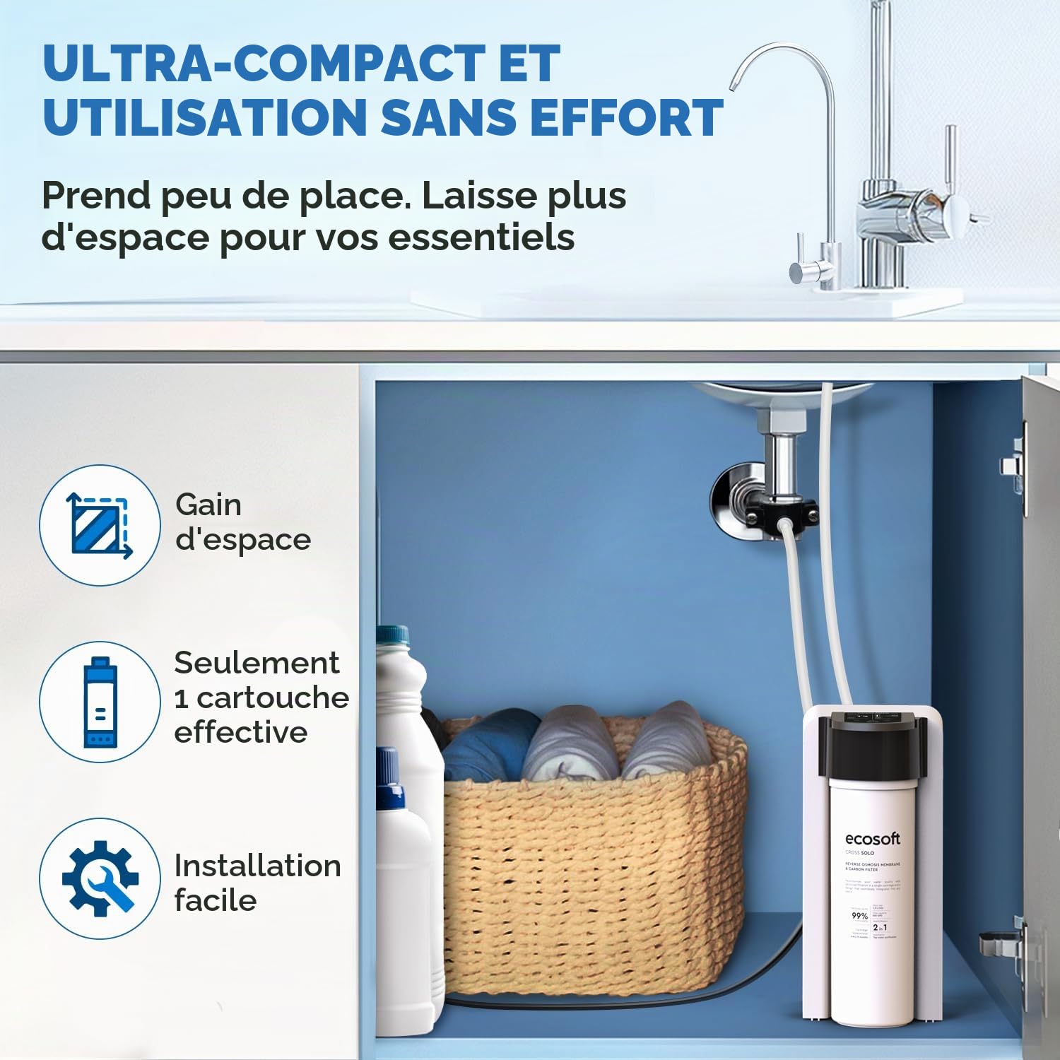 Ecosoft Cross Solo Filtre à osmose inverse à débit direct 1,3 l-min, filtration 2-en-1 avec membrane RO de 500 GPD et post-filtre à charbon, design ultra compact pour petites cuisines