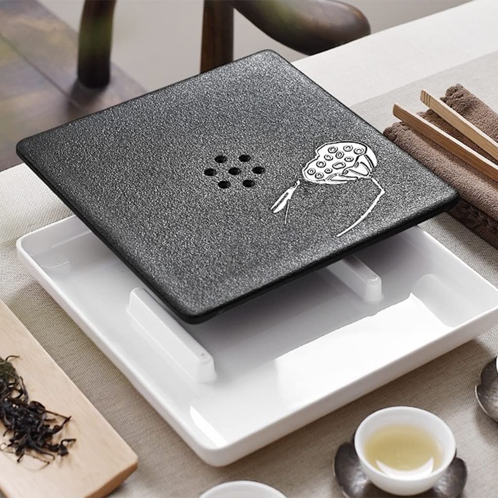 Bandeja de té con depósito - Bandeja de té Kungfu Chino con depósito de Agua (Negra, 28 x 14 x 2,8 cm)