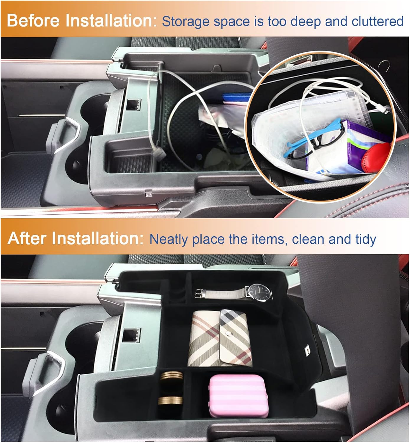 2019-2025 2026 Ram 1500 Center Console Organizer, for Dodge Ram 1500 2500 3500 Console Organizer, Durable ABS Plastic&Anti-Slip Rubber Armrest Tray Insert 2025 Ram Truck Accessories (Flocking)