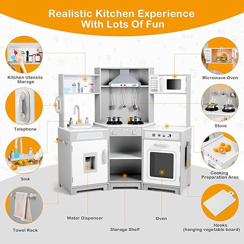 Miniatura 3 de JOYLDIAS Cocina de juego para niños, esquina de madera con luces y sonidos realistas, horno microondas, dispensador de agua, teléfono, fregadero,